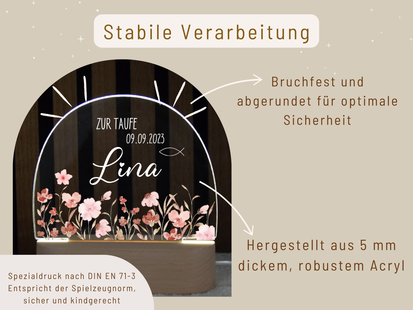 Nachlicht Taufe mit Blumen für Mädchen