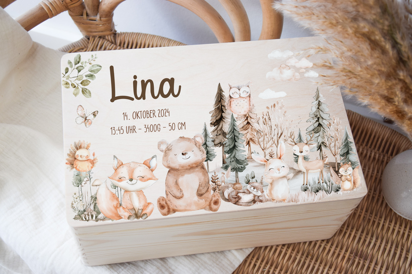 Scatola dei ricordi per bambini: animali del bosco, mongolfiera