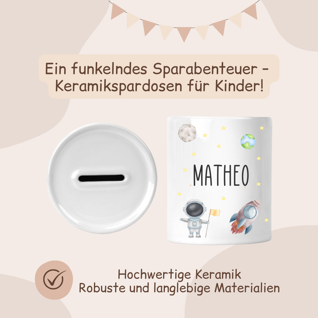 Spardose Keramik - Weltall mit Astronaut und Rakete