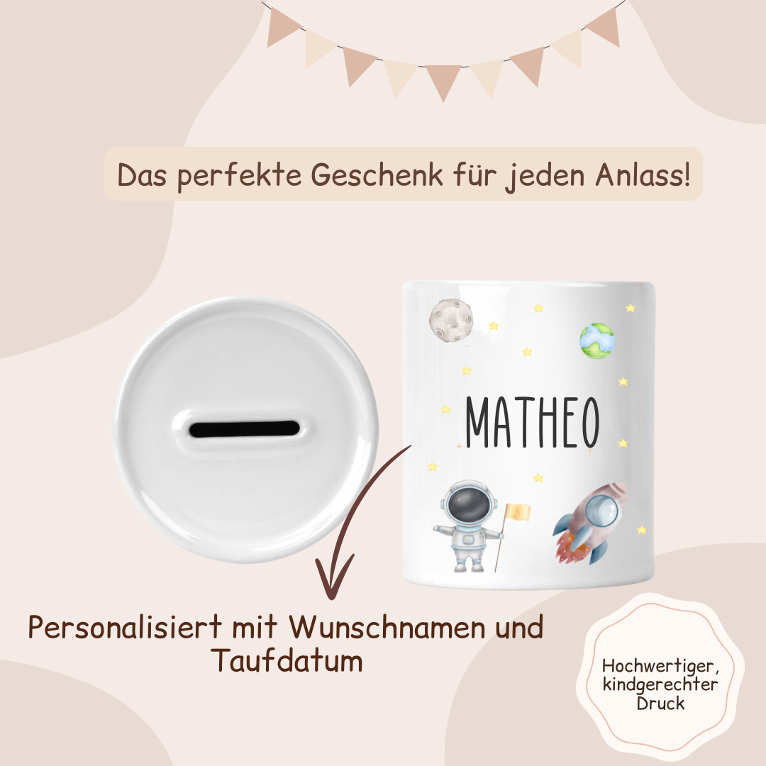 Spardose Keramik - Weltall mit Astronaut und Rakete