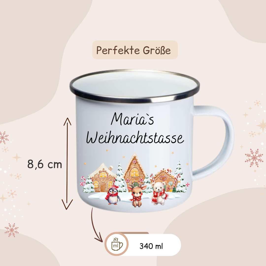 Weihnachtstasse - Lebkuchenhaus, Pinguin, Eisbär und Reh