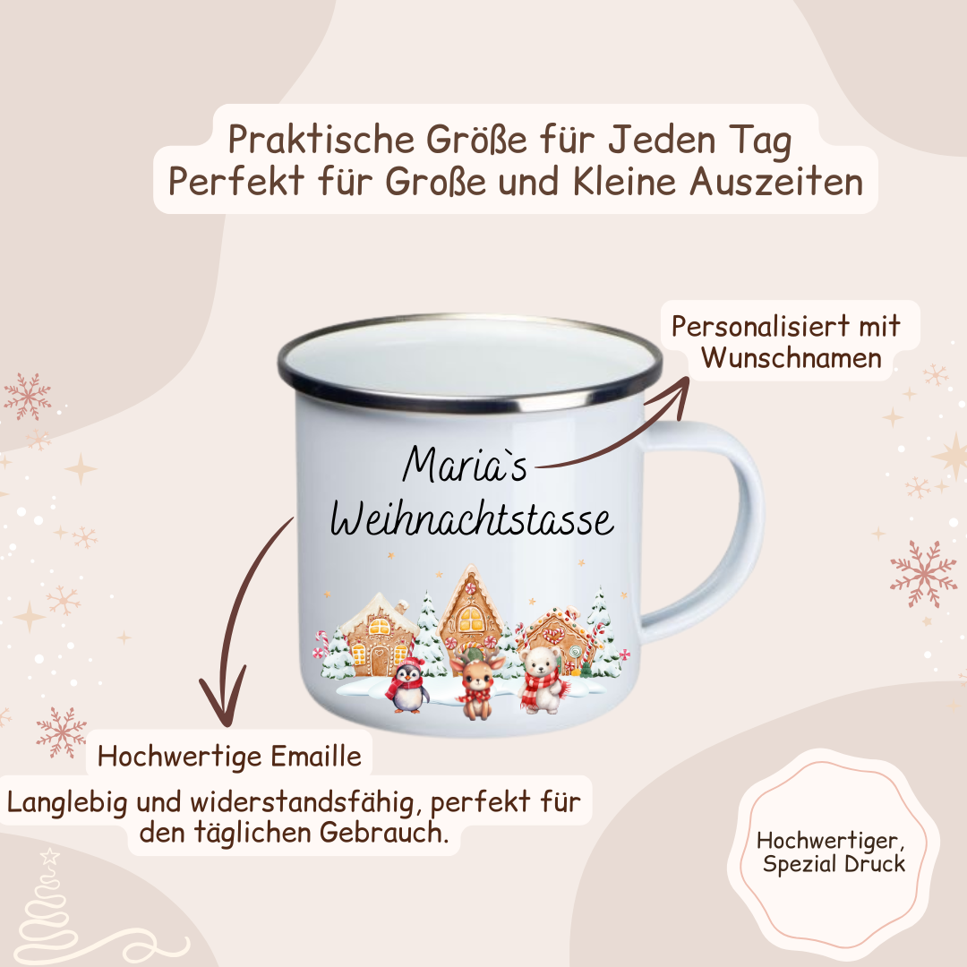 Weihnachtstasse - Lebkuchenhaus, Pinguin, Eisbär und Reh