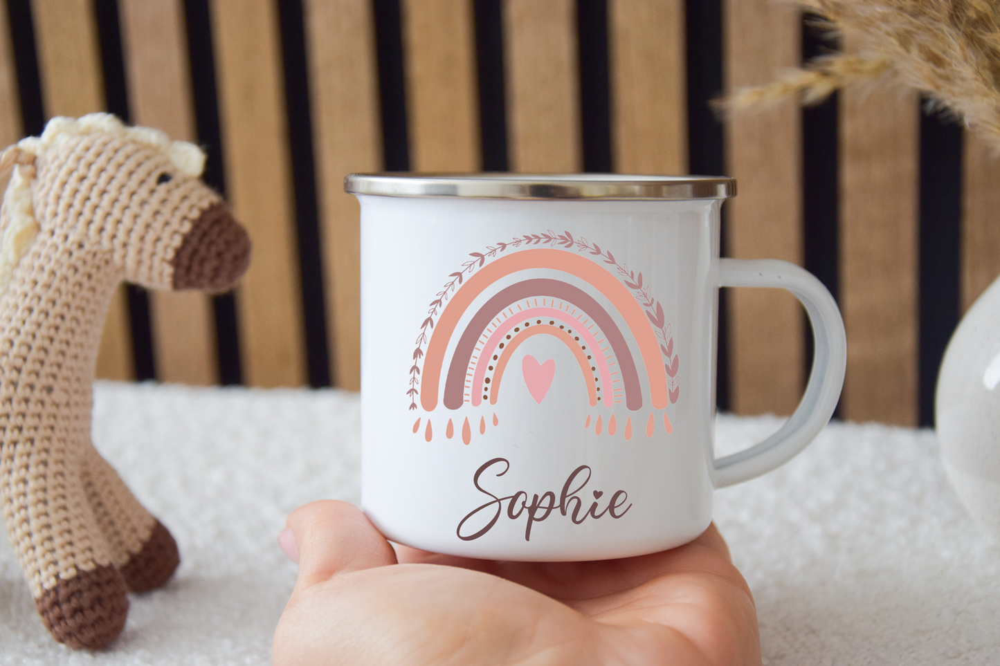 Emaille Kinder Tasse - Regenbogan Rosa