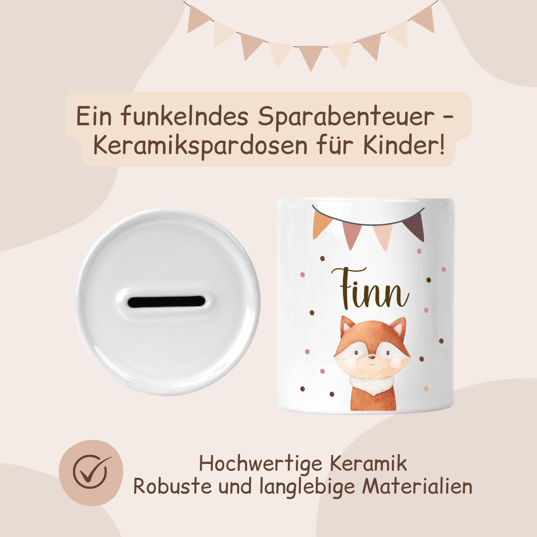 Spardose Keramik mit Tiermotiven, Grilande und buntem Pünktchen