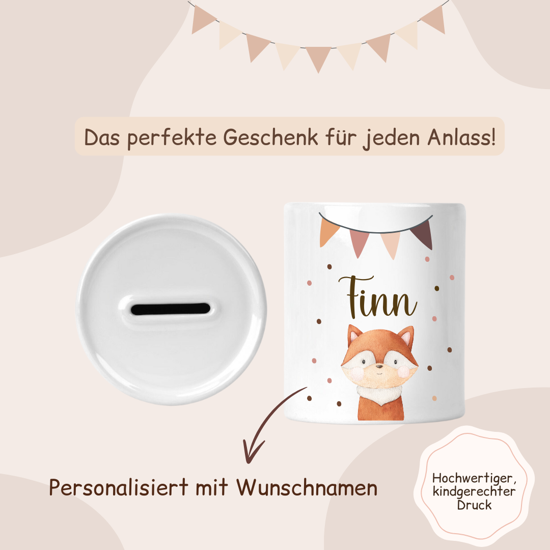Spardose Keramik mit Tiermotiven, Grilande und buntem Pünktchen