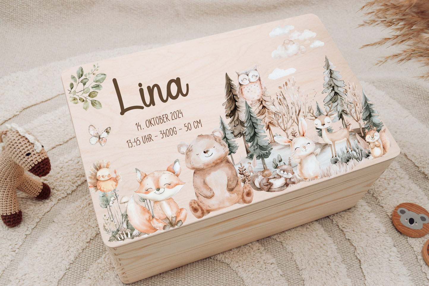 Scatola dei ricordi per bambini: animali del bosco, mongolfiera