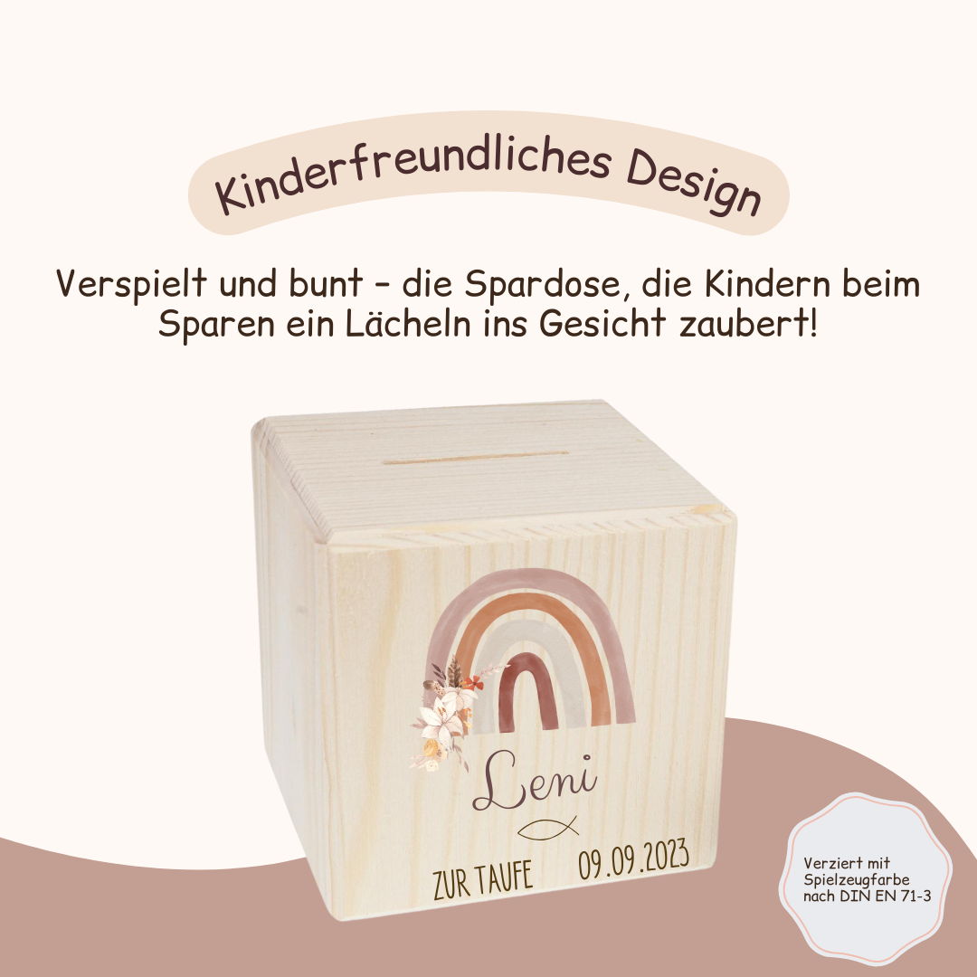 Spardose - Taufe Regenbogen Rosa Blumen