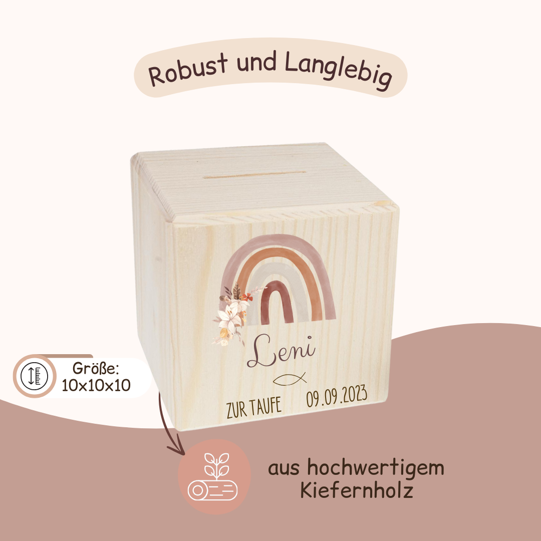 Spardose - Taufe Regenbogen Rosa Blumen