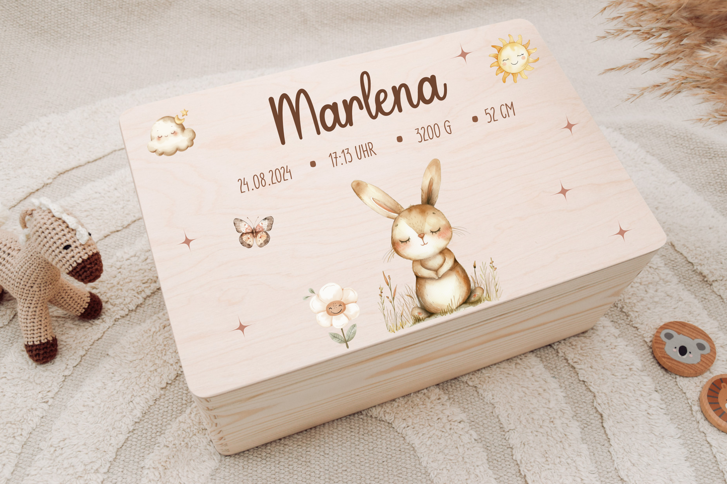 Erinnerungskiste - Tiermotiven, Löwe, Bär, Hase, Reh, Einhorn und Waschbär