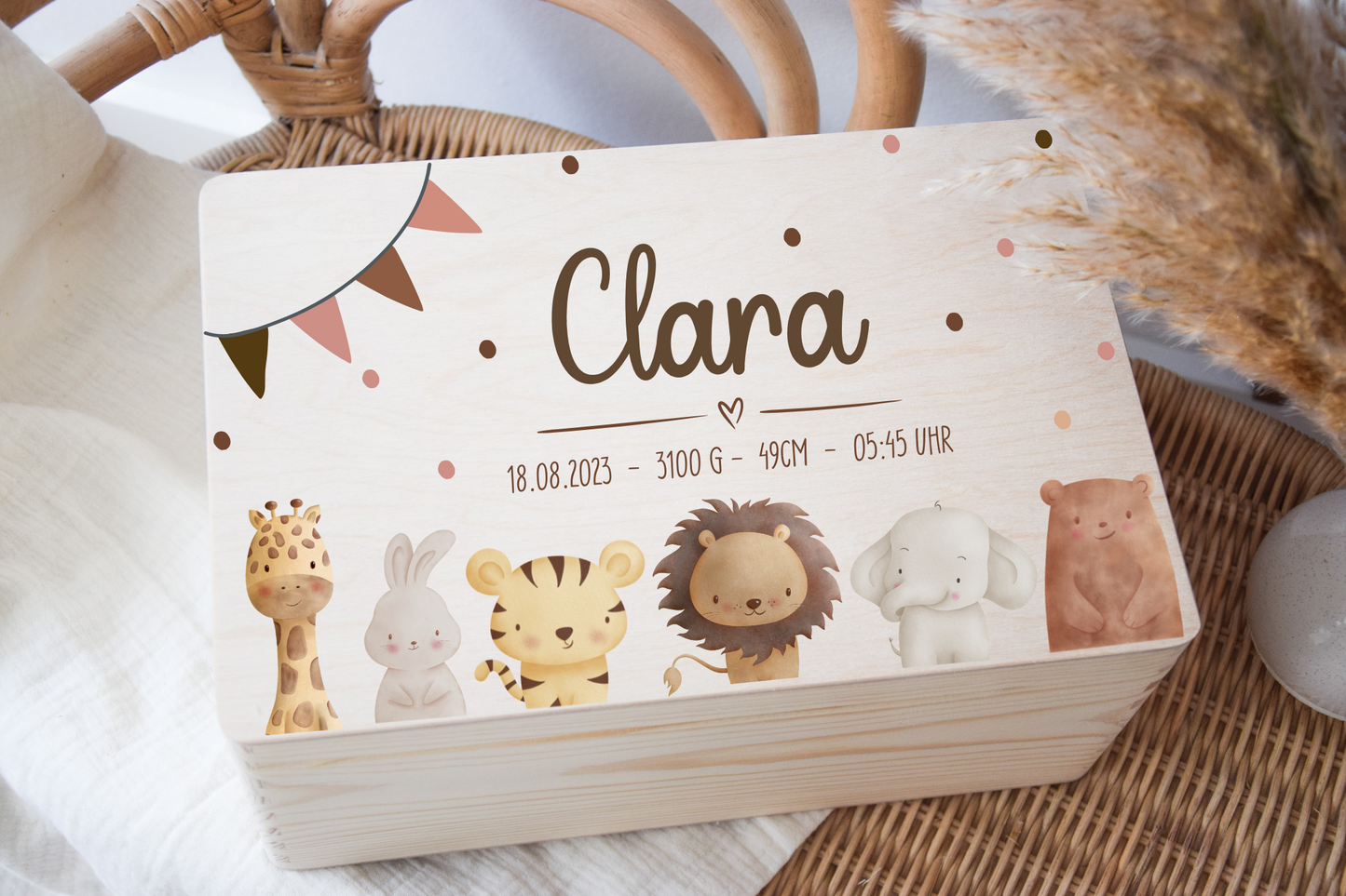 Erinnerungskiste Baby -mit Giraffe, Hase, Tiger, Löwe, Elefant und Bär