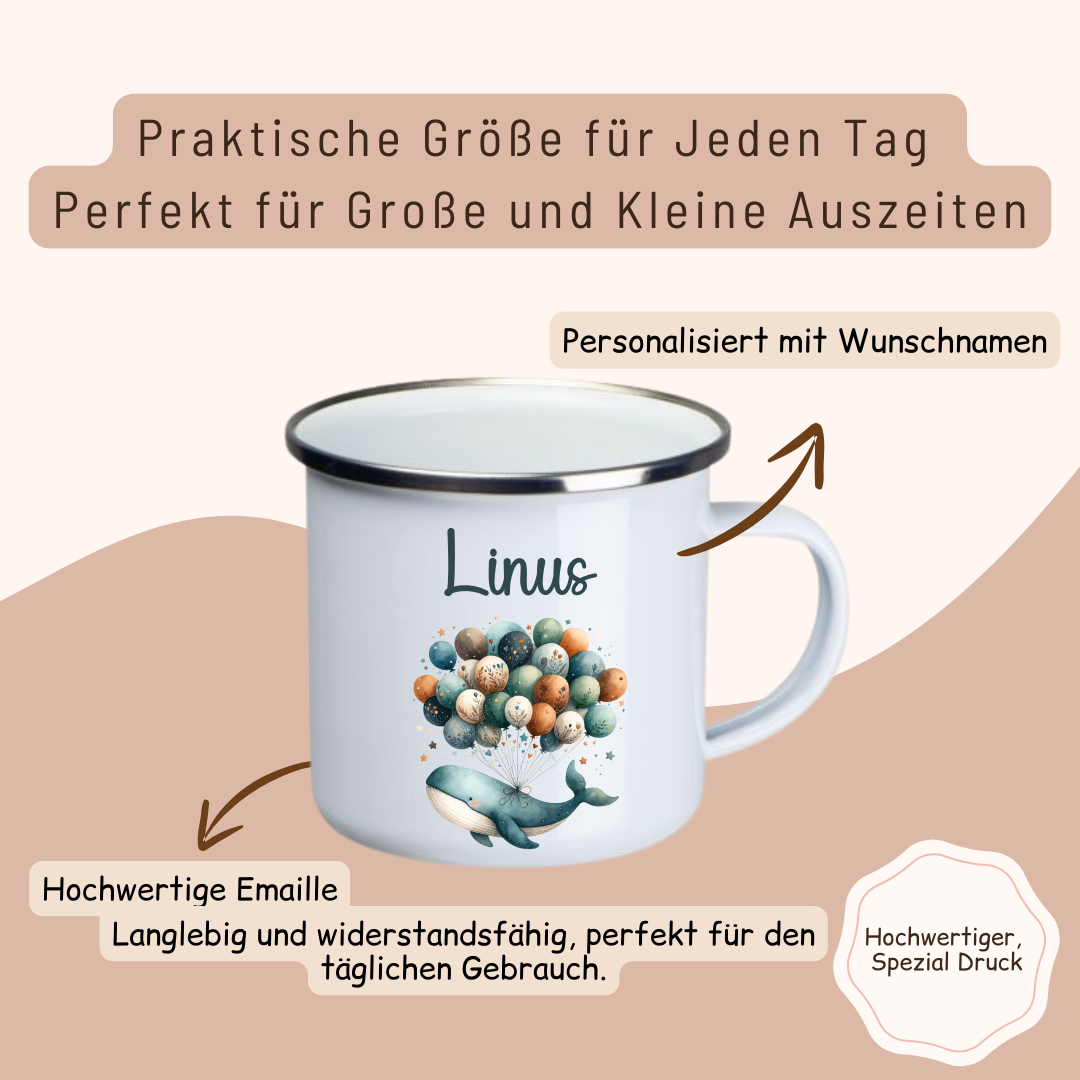 Emaille Kinder Tasse - Wal mit Ballons