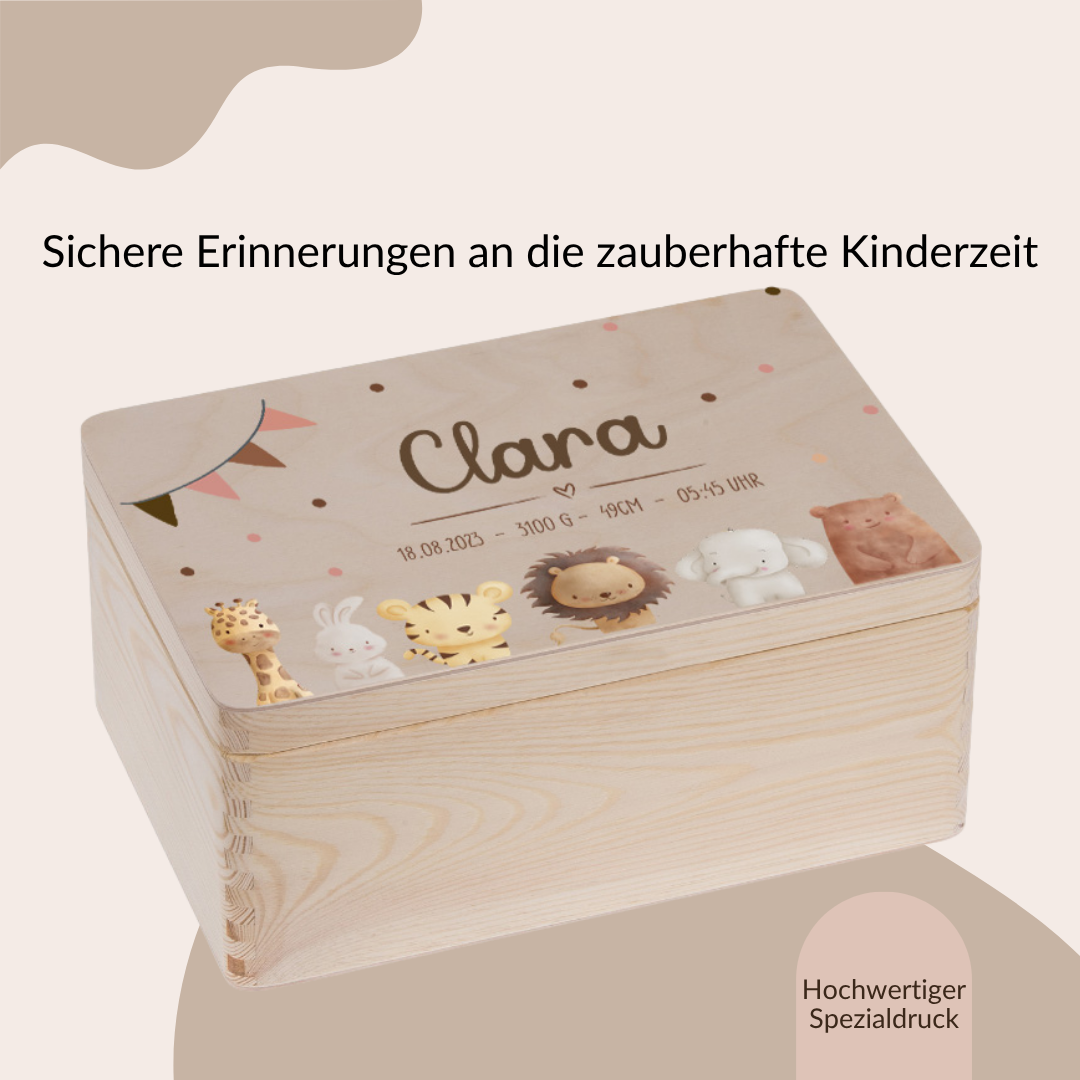 Erinnerungskiste Baby -mit Giraffe, Hase, Tiger, Löwe, Elefant und Bär