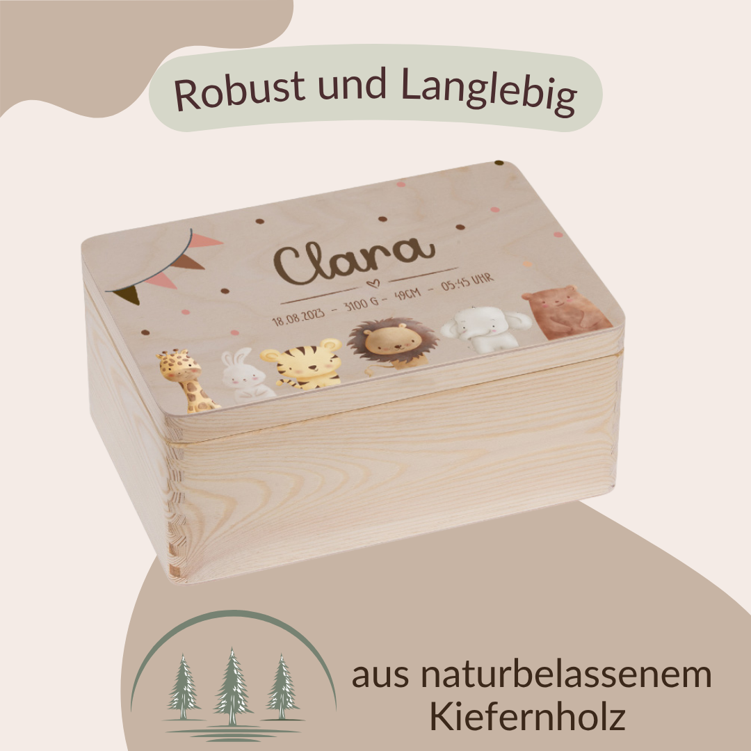 Erinnerungskiste Baby -mit Giraffe, Hase, Tiger, Löwe, Elefant und Bär