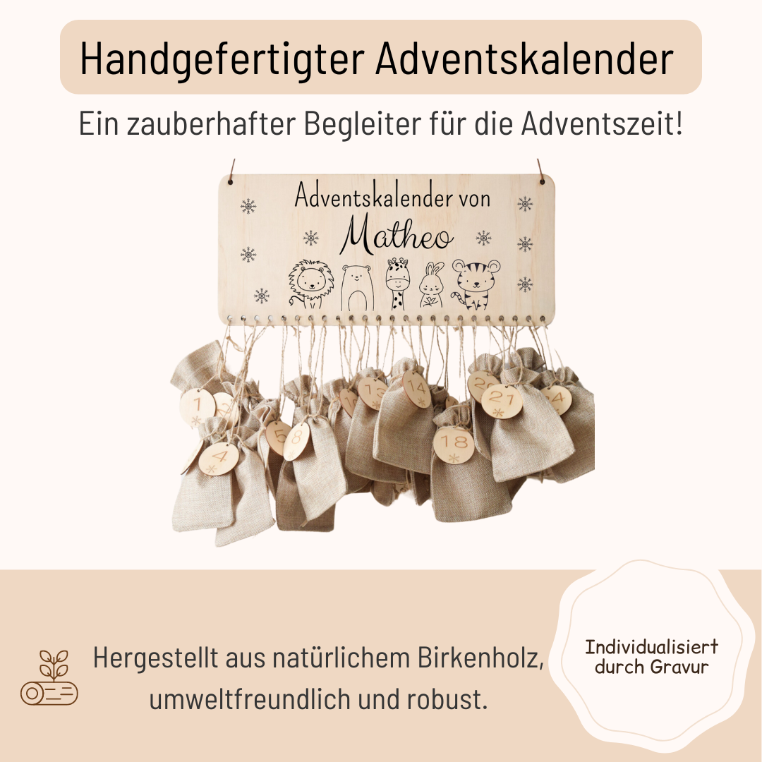Calendrier de l'Avent pour enfants avec lion, ours, girafe, lapin et tigre