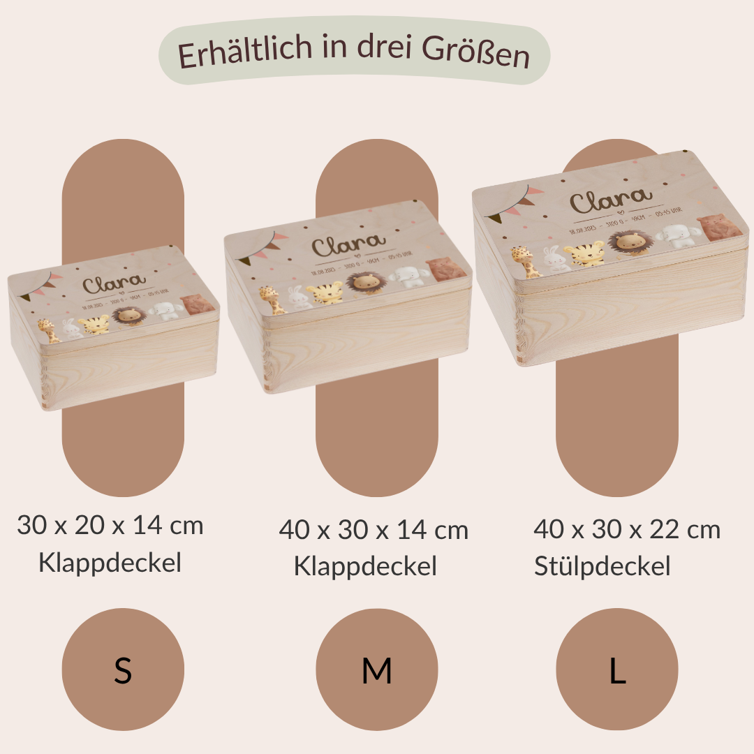 Erinnerungskiste Baby -mit Giraffe, Hase, Tiger, Löwe, Elefant und Bär