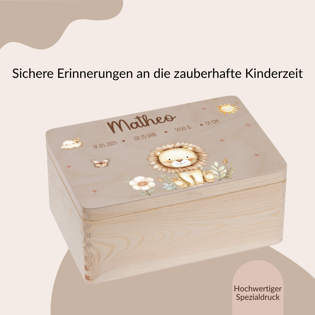 Erinnerungskiste - Tiermotiven, Löwe, Bär, Hase, Reh, Einhorn und Waschbär