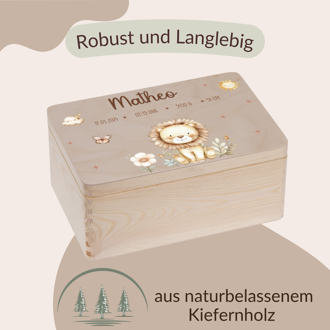 Erinnerungskiste - Tiermotiven, Löwe, Bär, Hase, Reh, Einhorn und Waschbär
