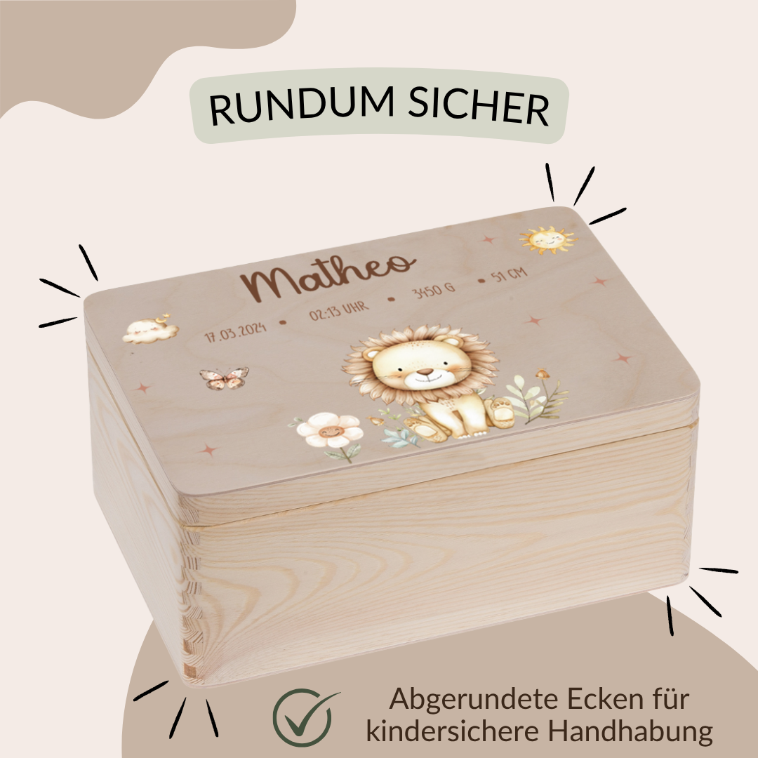 Erinnerungskiste - Tiermotiven, Löwe, Bär, Hase, Reh, Einhorn und Waschbär