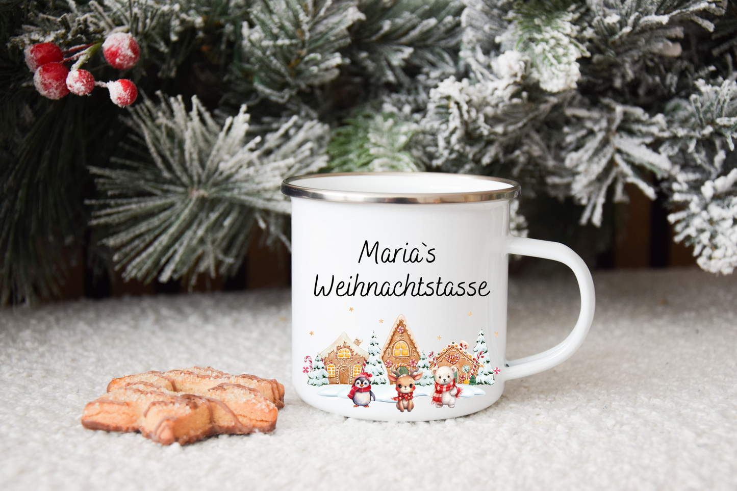 Weihnachtstasse - Lebkuchenhaus, Pinguin, Eisbär und Reh