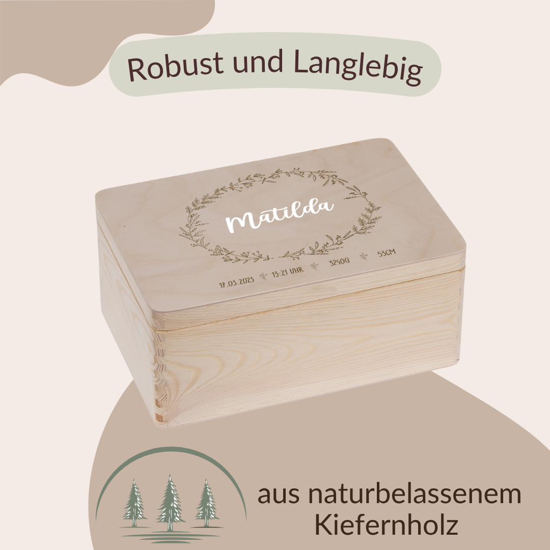 Erinnerungskiste mit Blumenkranz und 3D Namen