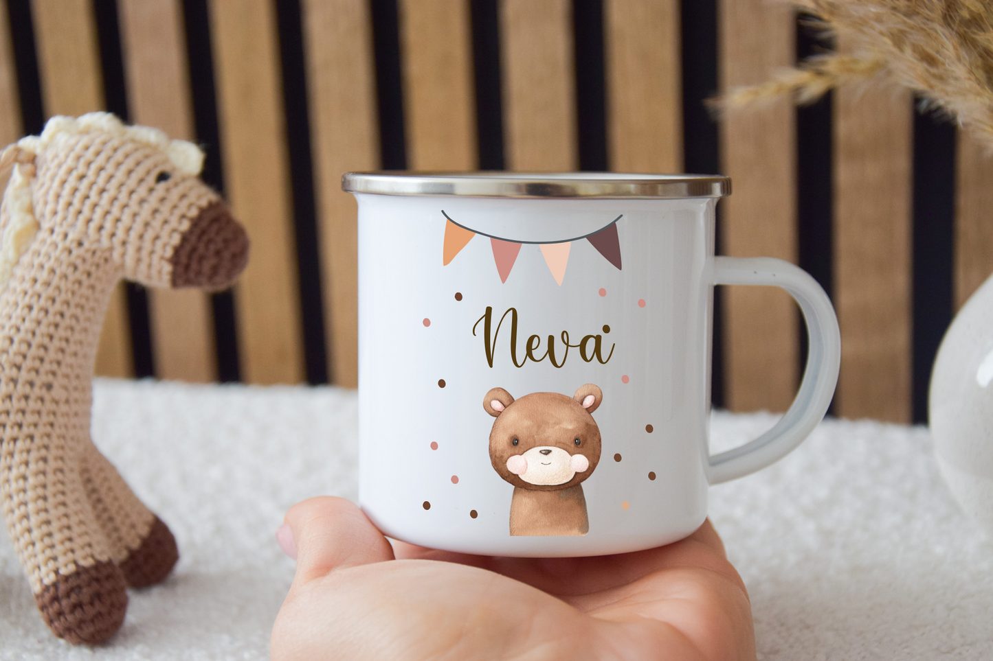 Emaille Kinder Tasse - wähle aus vielen versch. Tieren