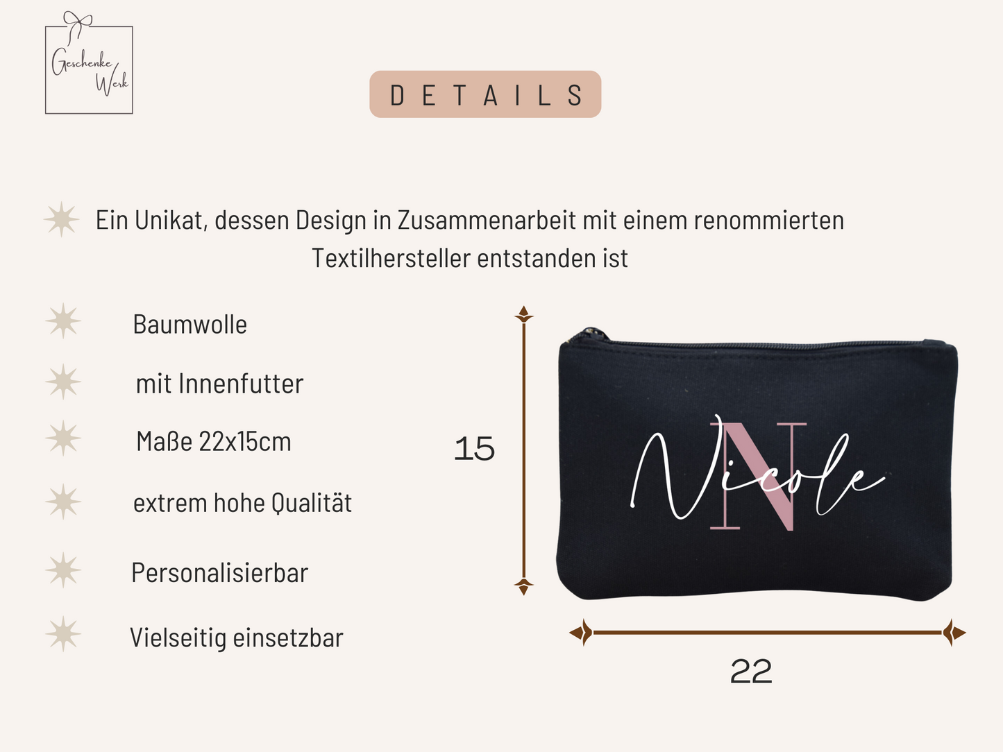 Personalisierte Kosmetiktasche mit Namen und Intital