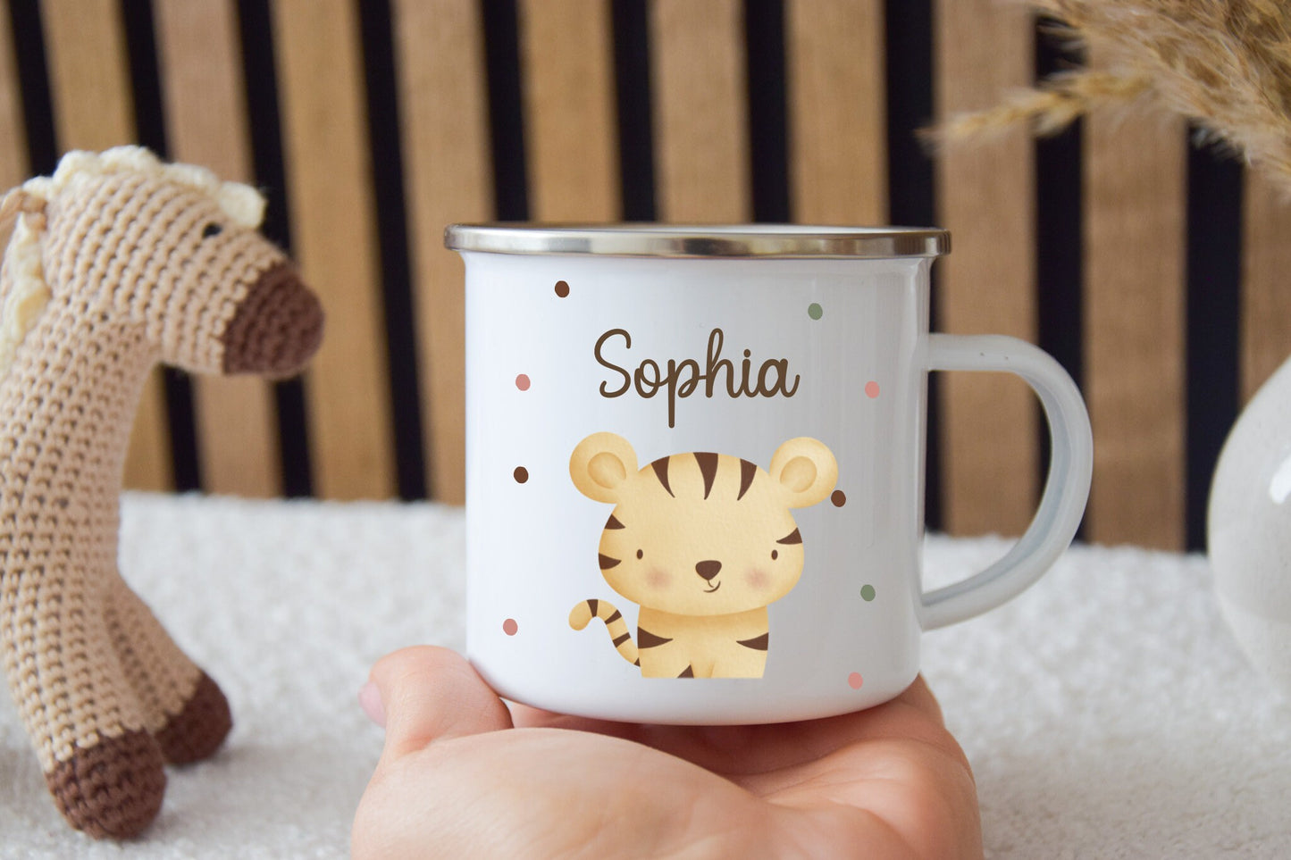 Emaille Kinder Tasse - Löwe, Tiger, Elefant, Hase, Bär und Giraffe