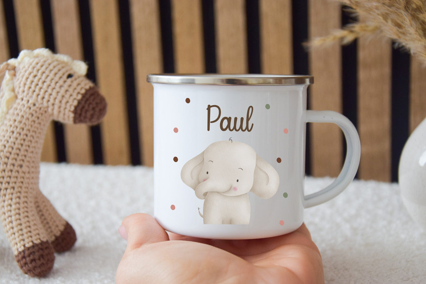 Emaille Kinder Tasse - Löwe, Tiger, Elefant, Hase, Bär und Giraffe