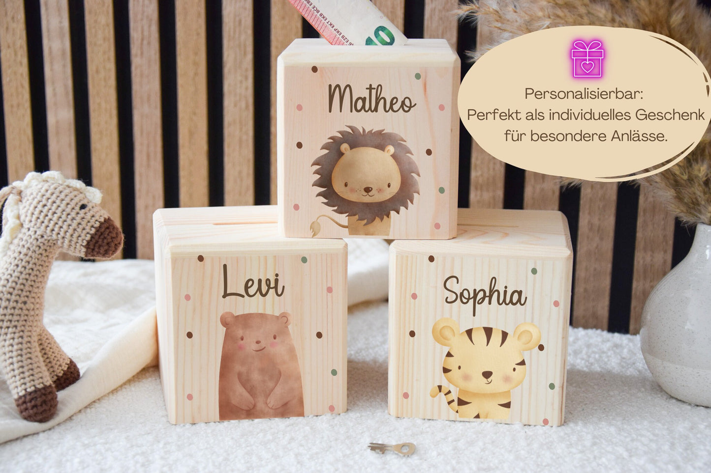 Spardose Kinder - Tiermotiv Löwe, Bär, Tiger, Hase, Elefant und Giraffe