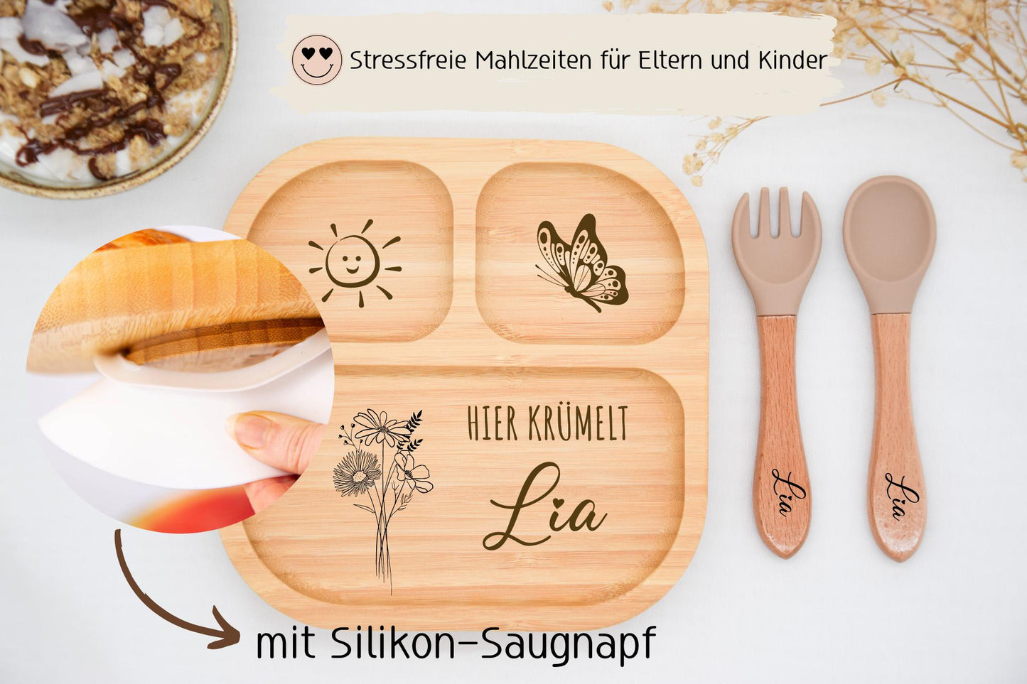 Bambusteller - Blumen, Schmetterling und Sonne