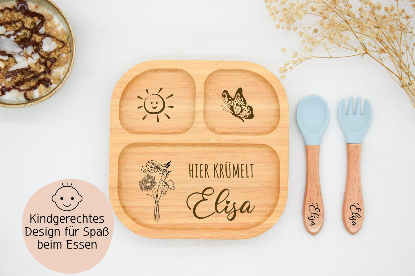 Bambusteller - Blumen, Schmetterling und Sonne