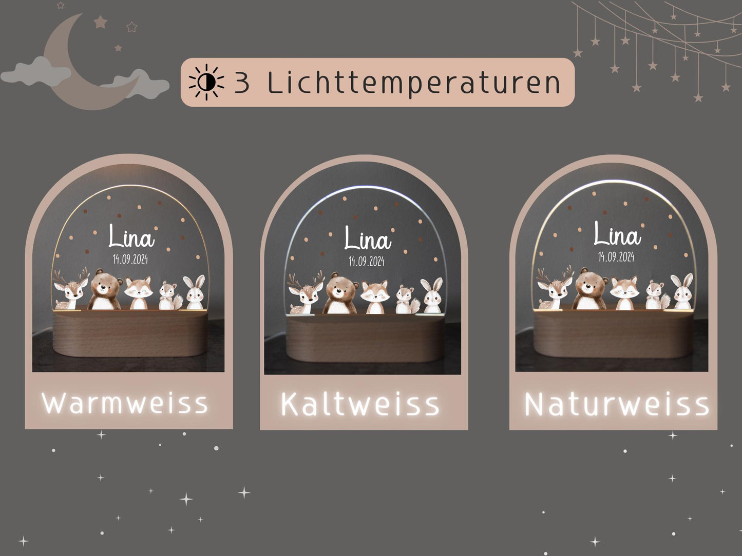 Nachtlicht mit Tieren, Reh, Bär, Fuchs, Hase und Eichhörnchen