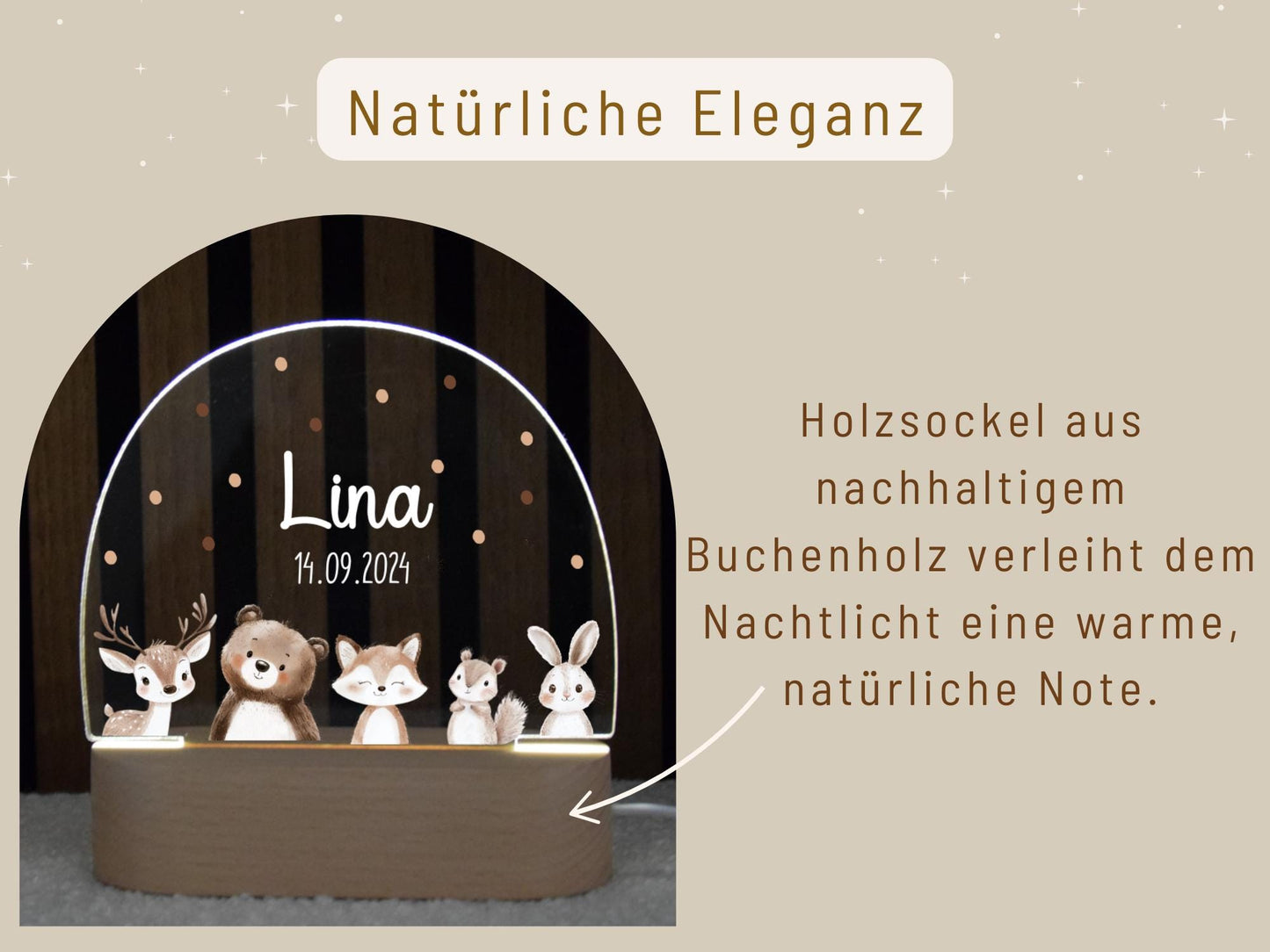 Nachtlicht mit Tieren, Reh, Bär, Fuchs, Hase und Eichhörnchen