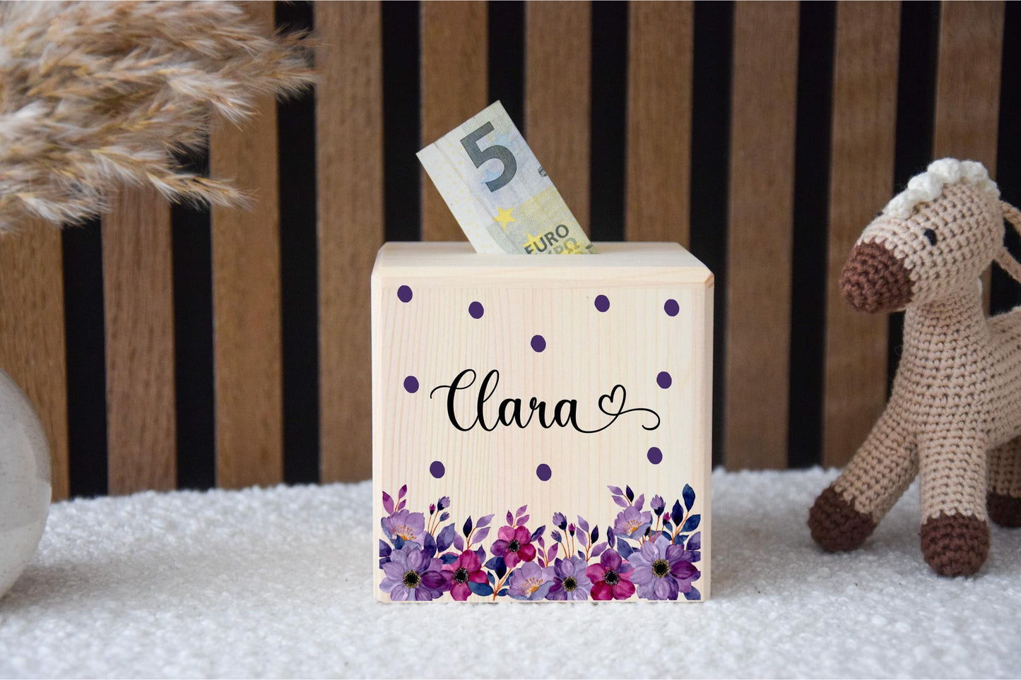 Spardose mit Lila Blumen