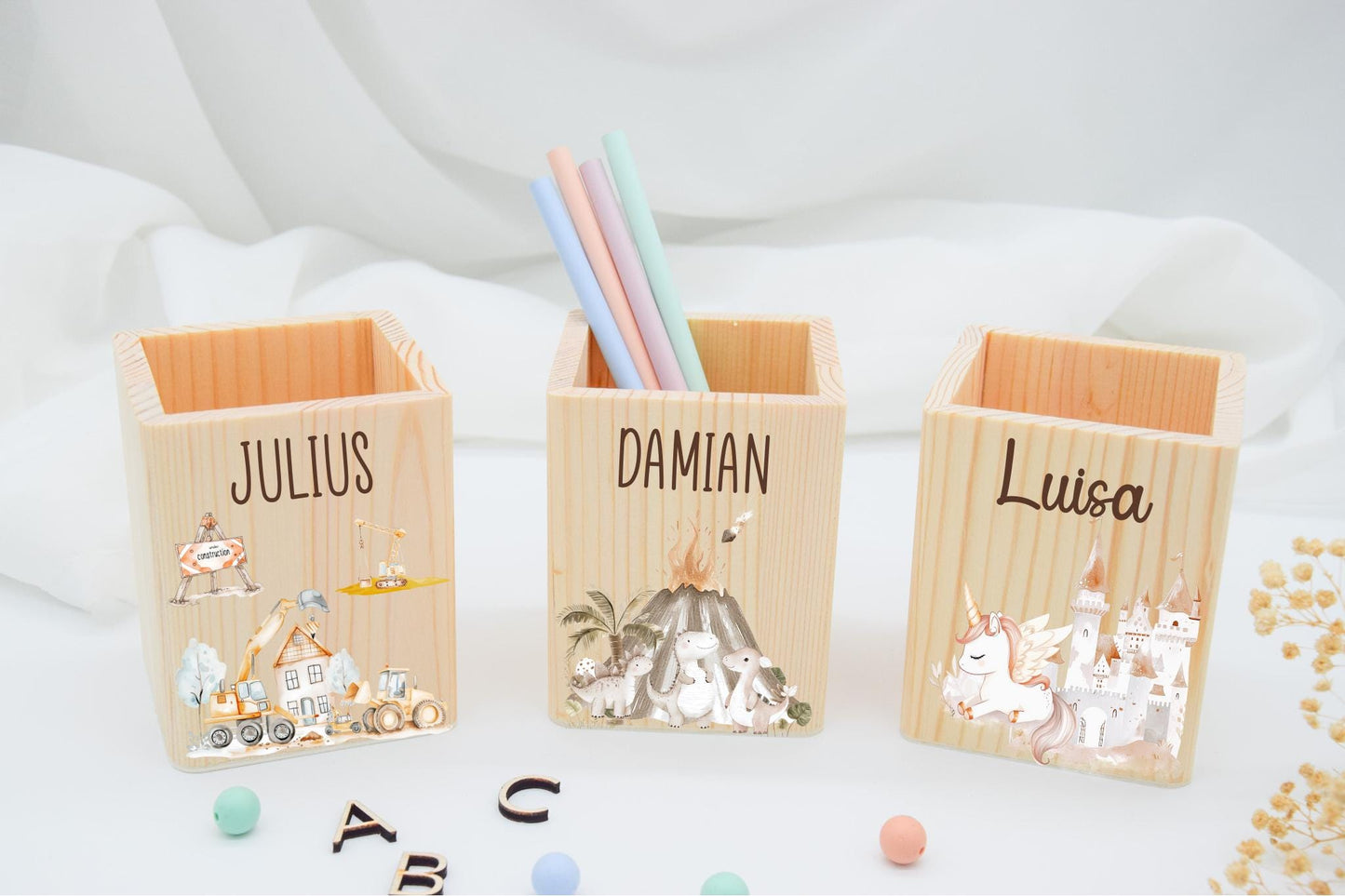 Stiftehalte Kinder - mit versch. Einhorn, Dinosaurier und Baufahrzeuge