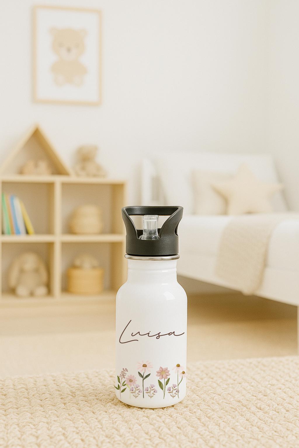 Trinkflasche Kinder personalisiert, Trinkflasche mit Namen, Kindergarten Schule, Geschenk Einschulung Mädchen, Trinkflasche Edelstahl Blume