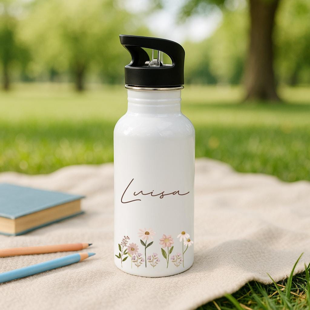 Trinkflasche Kinder personalisiert, Trinkflasche mit Namen, Kindergarten Schule, Geschenk Einschulung Mädchen, Trinkflasche Edelstahl Blume