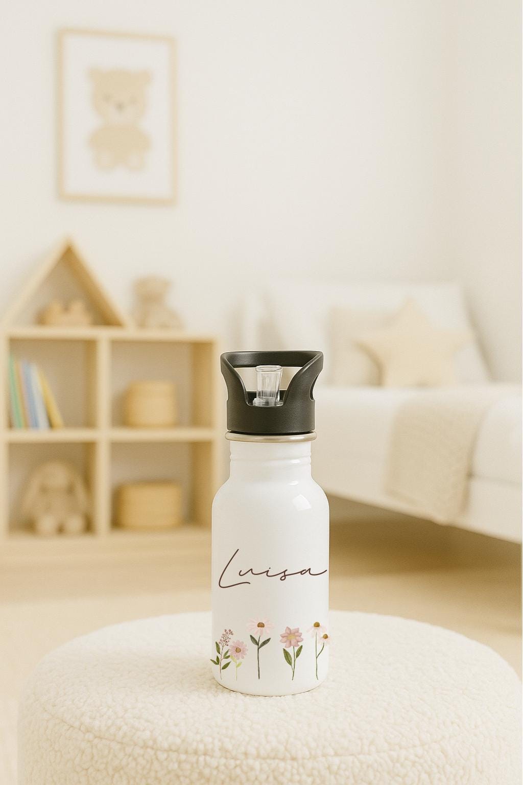 Trinkflasche Kinder personalisiert, Trinkflasche mit Namen, Kindergarten Schule, Geschenk Einschulung Mädchen, Trinkflasche Edelstahl Blume