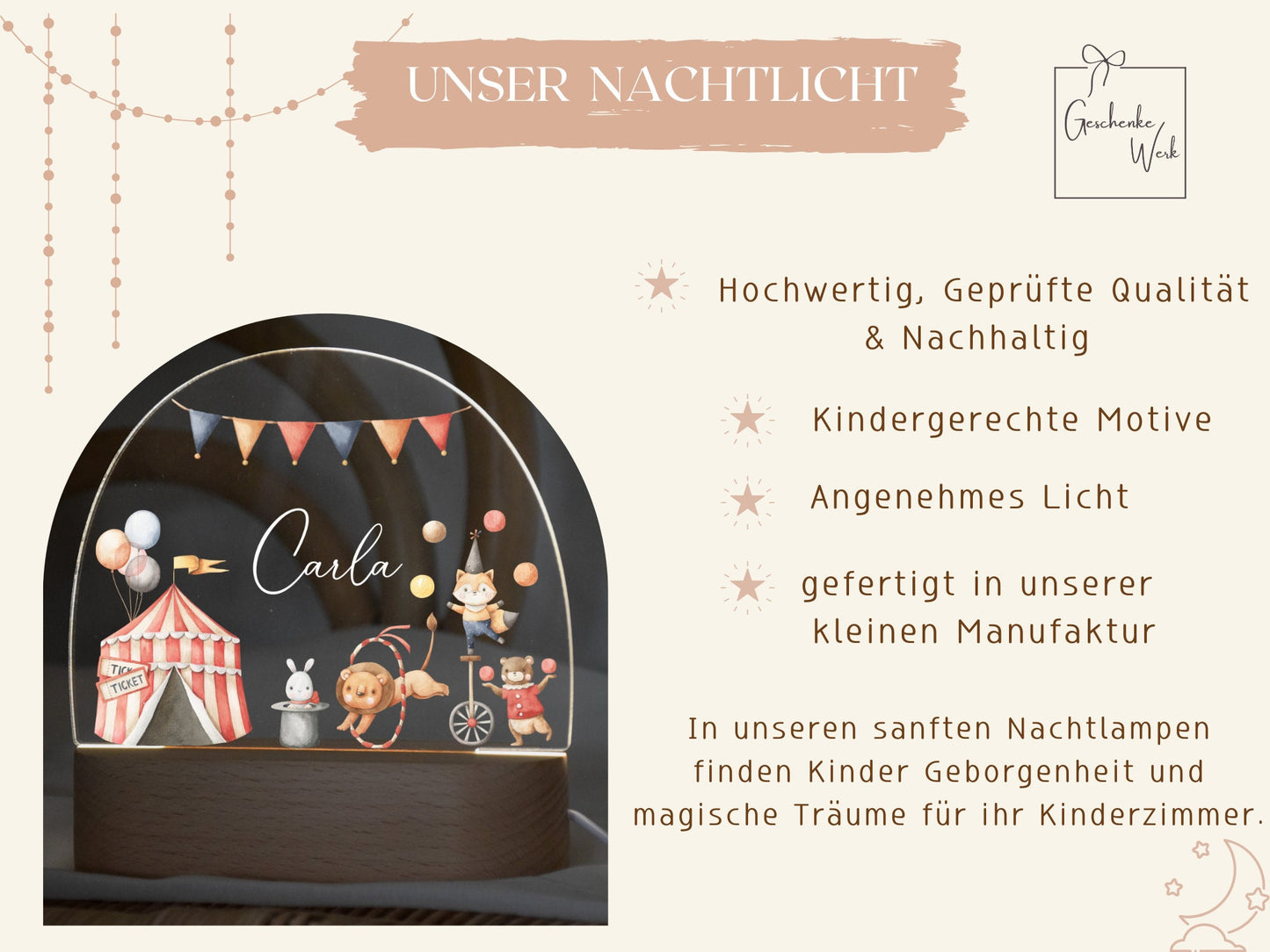 Nachtlampje met dierencircusmotief