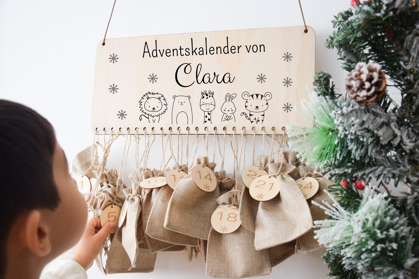 Calendrier de l'Avent pour enfants avec lion, ours, girafe, lapin et tigre