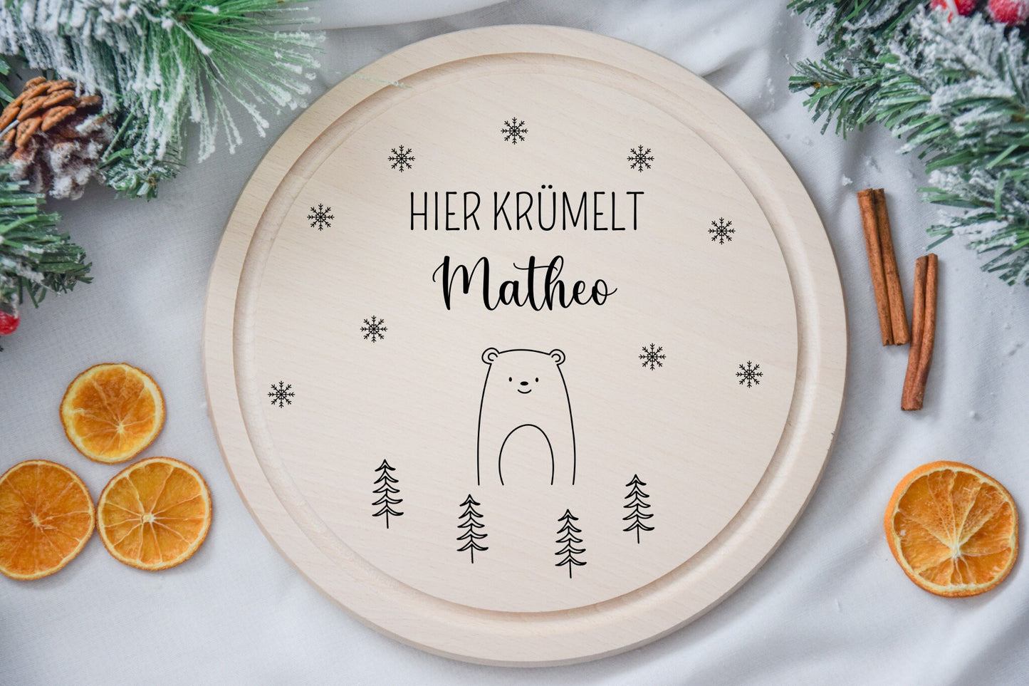 Ronde ontbijtplank met speelse dier- en boommotieven