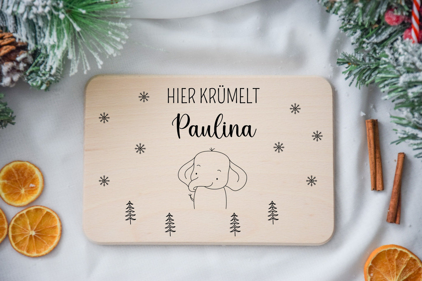 Ontbijtplank met dierenmotief kerst, stervlokken en kerstbomen