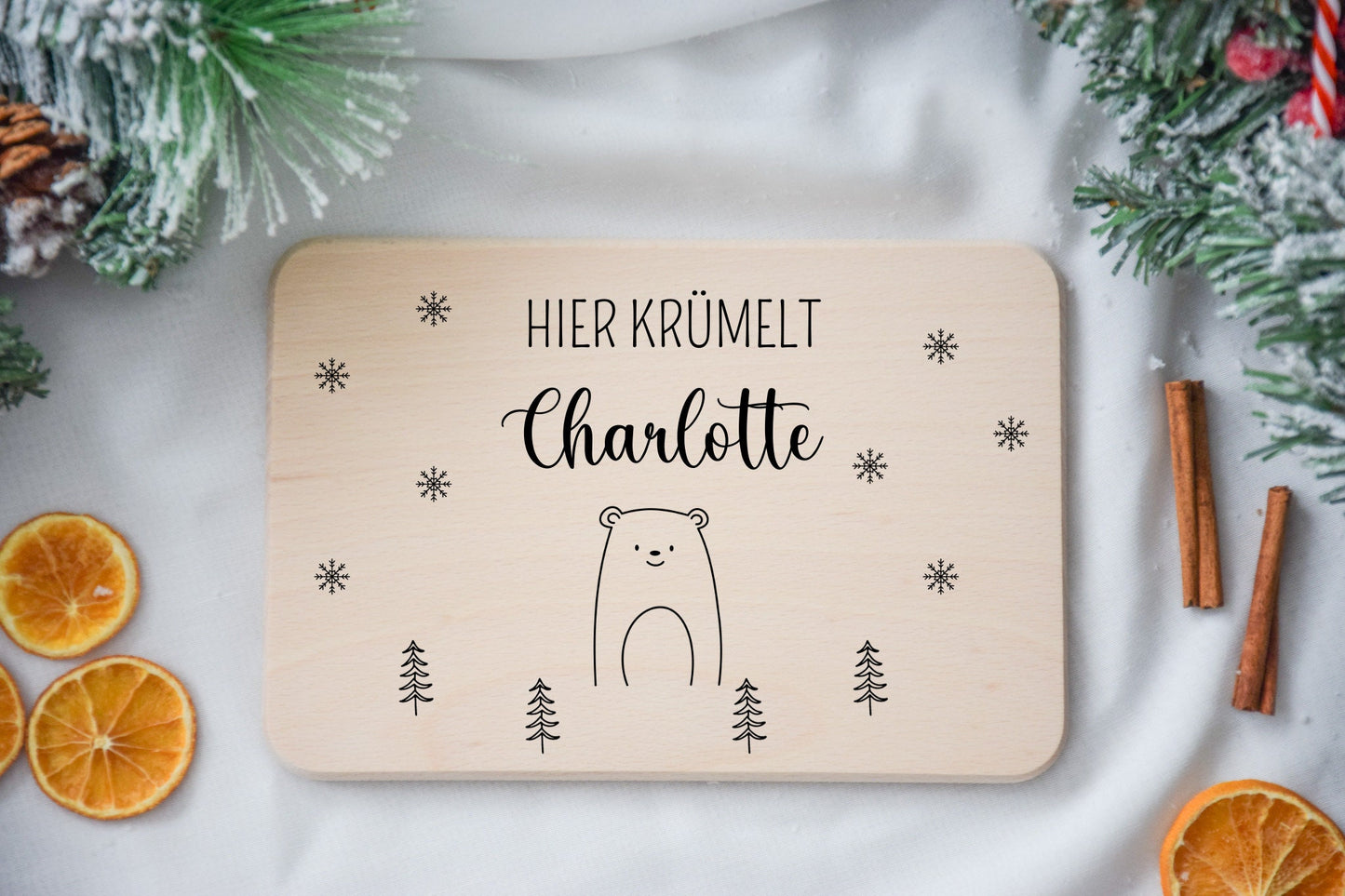 Ontbijtplank met dierenmotief kerst, stervlokken en kerstbomen