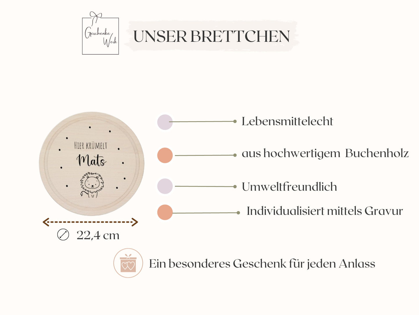 Rond ontbijtplankje met diverse dierenmotieven, Löwe, tijger, konijn, olifant en giraffe