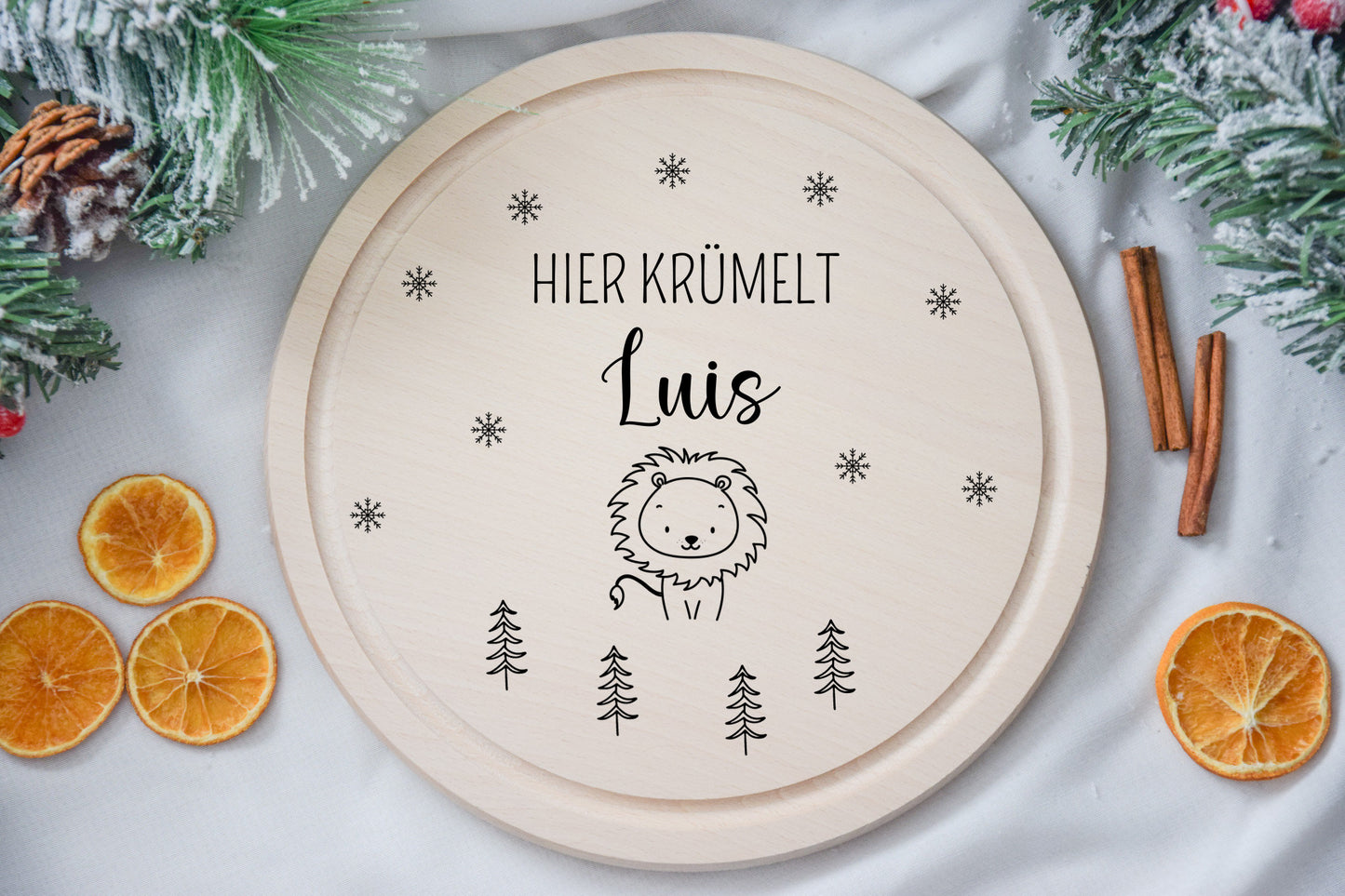 Ronde ontbijtplank met speelse dier- en boommotieven