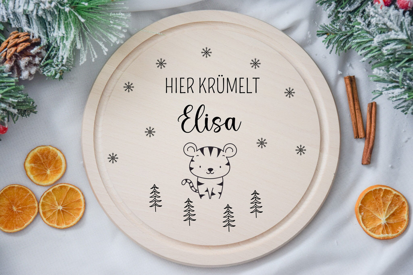 Ronde ontbijtplank met speelse dier- en boommotieven