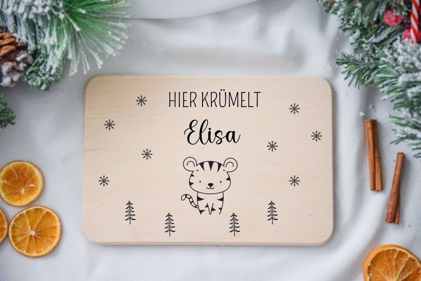 Ontbijtplank met dierenmotief kerst, stervlokken en kerstbomen