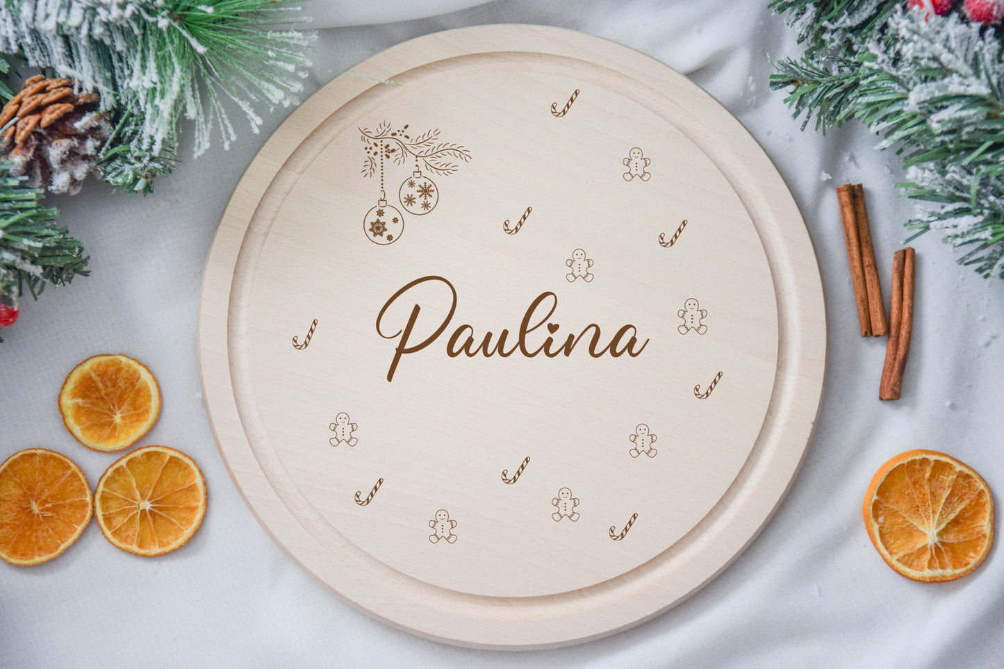 Ronde ontbijtplank met kerstversiering