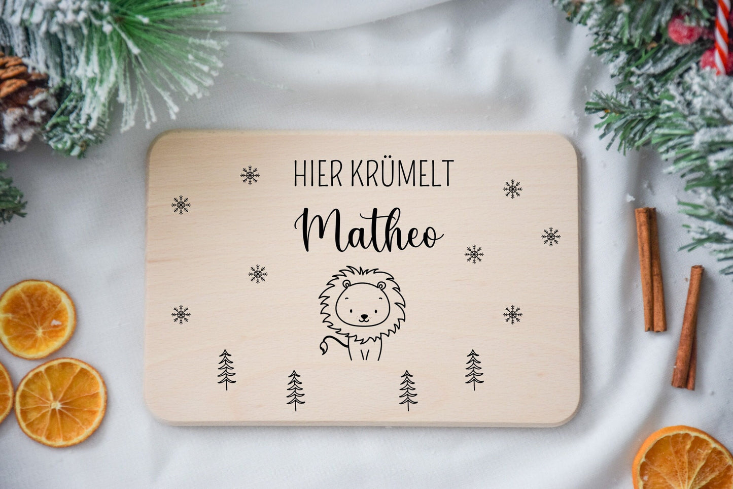 Ontbijtplank met dierenmotief kerst, stervlokken en kerstbomen