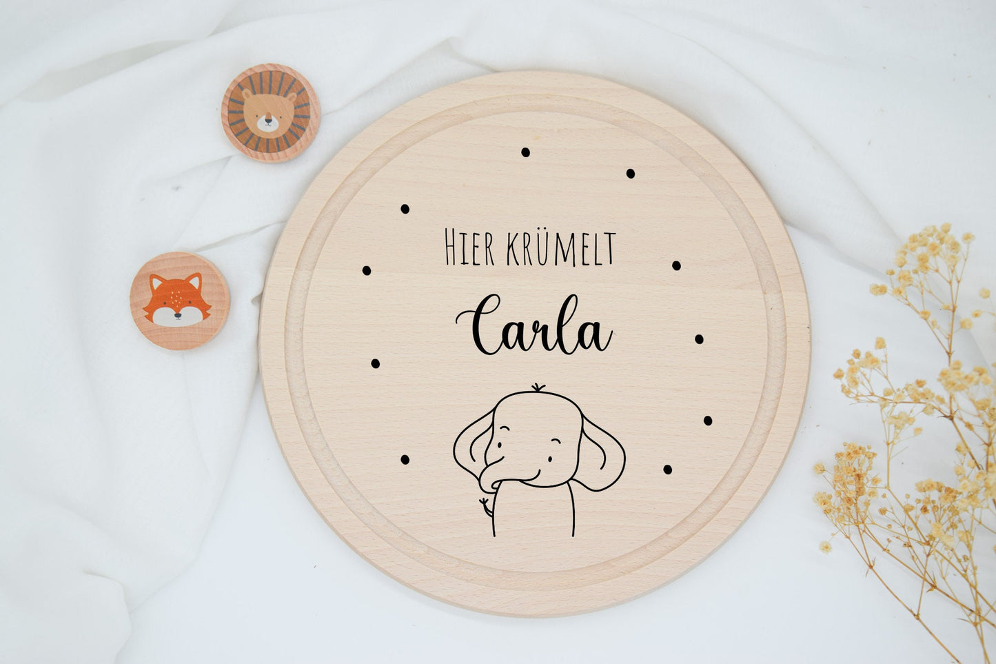 Rond ontbijtplankje met diverse dierenmotieven, Löwe, tijger, konijn, olifant en giraffe